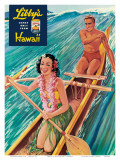 Surfing on Outrigger Canoe, Libby's Pineapple Hawaii, c.1957 Art by Laffety 