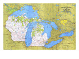 Wisconsin, Michigan, And The Great Lakes Map 1973 Prints