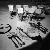 Forks, Knives, Spoons, Wine Glasses and Invitations, Table Settings for Gourmet Dinner Party Lámina fotográfica por Peter Stackpole