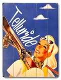Girl with Ski Wood Sign