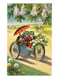 Two Frogs on Motorcycle with Umbrella and Flowers Lámina giclée