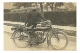 Black and White Photo of Man with Motorcycle Pósters Black and White Photo of Man with Motorcycle Pósters