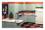 Modern Kitchen with Black and Orange Tile Floor Poster