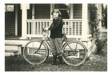Black and White Photo of Young Girl with Bicycle Posters