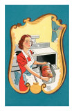Drawing of Woman Putting Roast in Oven Posters