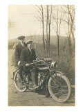 Black and White Photo of Two Men on Motorcycle Lámina giclée