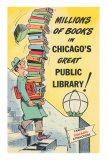 Cartoon of Man with Stack of Books for Chicago Library, Chicago, Illinois Posters