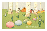 Easter Bunnies and Eggs Amid Birch Trees Posters