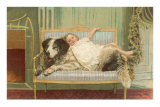 Victorian Girl Lying on St. Bernard on Couch Photo
