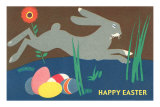 Easter Bunny Loping over Eggs Posters