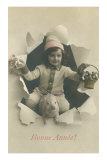 Child with Pig Bursting Through Paper Posters