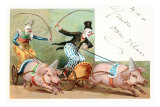 Clowns sur des charrettes tirées par des cochons, dessin Posters
