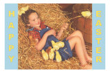 Happy Easter, Girl in Hay with Chicks Posters