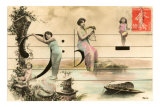French Ladies and Girl on Musical Staff Posters