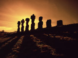 Easter Island Landscape with Giant Moai Stone Statues at Sunset, Oceania Posters by George Chan