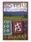 Sisters, Oregon View with Quilts on Fence, c.2009 Print by Lantern Press 