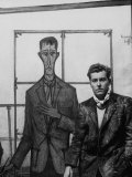 Artist Bernard Buffet Standing Next to a Self Portrait of Himself Lámina fotográfica de primera calidad por Dmitri Kessel