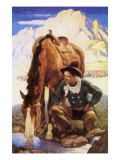 Cowboy Watering His Horse, 1937 Lámina giclée por Newell Convers Wyeth