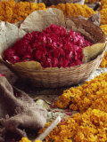 Close-Up of a Basket of Red Flowers, with Yellow Flowers, in the Market, Jaipur, Rajasthan, India Photographic Print by Michelle Garrett
