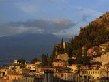 Aerial View over Town of Taormina at Dusk, Including Mount Etna, 3340M, in Distance, Sicily, Italy Photographic Print by Maxwell Duncan
