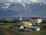 Village and Church South of Lake Myvatn with Hills in the Background, at Skutustadir, Iceland Photographic Print by Waltham Tony