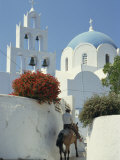 Figure on Donkey Passing Church Bell Tower and Dome, Vothonas, Santorini, Cyclades Islands, Greece Photographic Print by Short Michael
