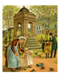 La Fontaine des Innocents - children feeding the birds next to the fountain, Paris, France Giclee Print by Thomas Crane