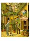 English tourist family in 19th century arriving at hotel at Caen, France Giclee Print by Thomas Crane