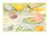 Butterflies Pulling Girl on Lily Pad Posters