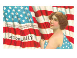 4th of July, Flag and Lady with Blue Bow Prints
