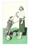 Lady in Plaid Skirt with Golf Bag Posters