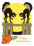 Happy Halloween, Black Cats on Fence Impressão giclée Happy Halloween, Black Cats on Fence Impressão giclée