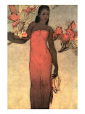 Hawaiian Woman with Fruit and Flowers Print