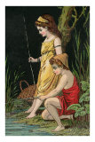 Woman and Boy Fishing by Creek Prints