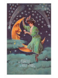 A Happy New Year, Victorian Lady on Moon Impressão giclée