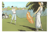 Golfer and Lady with Umbrella Print