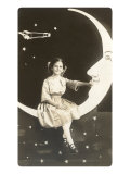 Girl Sitting on Crescent Moon Photo