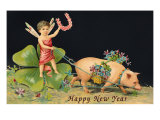 Happy New Year, Dragonfly-Boy with Pig Lámina giclée Happy New Year, Dragonfly-Boy with Pig Lámina giclée