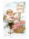 Birthday Greeting, Cherub with Basket of Roses Pósters
