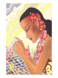 Graphic of Hawaiian Lady with Fish Net Lámina giclée