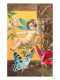 Victorian Cherub Swinging in Roses Poster