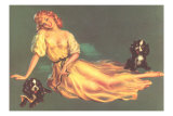 Woman in Long Dress with Puppies Prints