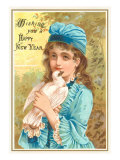 Wishing You a Happy New Year, Victorian Girl with Dove Prints