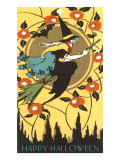 Happy Halloween, Witch on Broom Poster