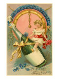 A Happy New Year, Victorian Girl on Champagne Bottle Prints
