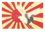 Old Japanese Flag with Crane Poster