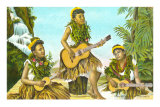 Danseurs hawaïens avec guitares et ukulélés Posters