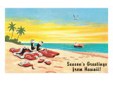 Season's Greetings from Hawaii, Santa's Clothes on Beach Poster