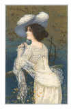 Woman in Lacy White Dress and Feathered Hat Photo