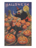 Boy Fleeing Witch and Leering Pumpkins Posters